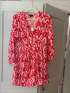 Red & Cream Geometric Wrap Dress